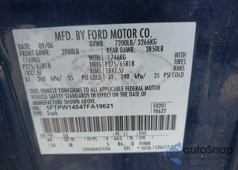 2007 Ford F-150 Fx4/Lariat/Xlt z USA, uszkodzony, nr VIN 1FTPW14547FA19621